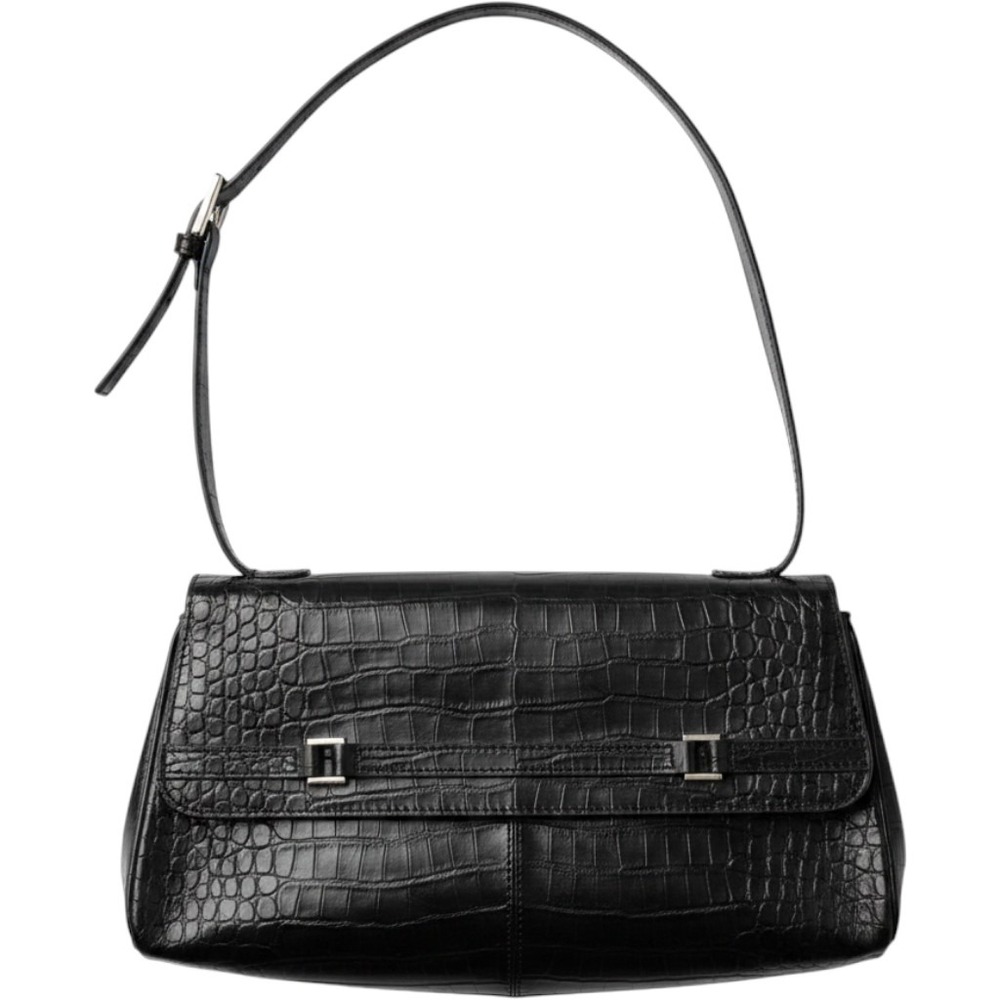 Etienne Aigner Black Croc Embossed Leather Baguette Shoulder Bag Silver Hardware